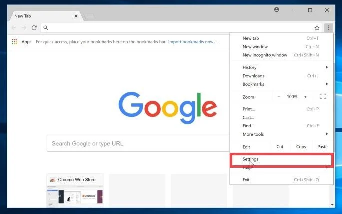 Click on the Chrome menu button then on the Settings button Google Chrome Settings Menu