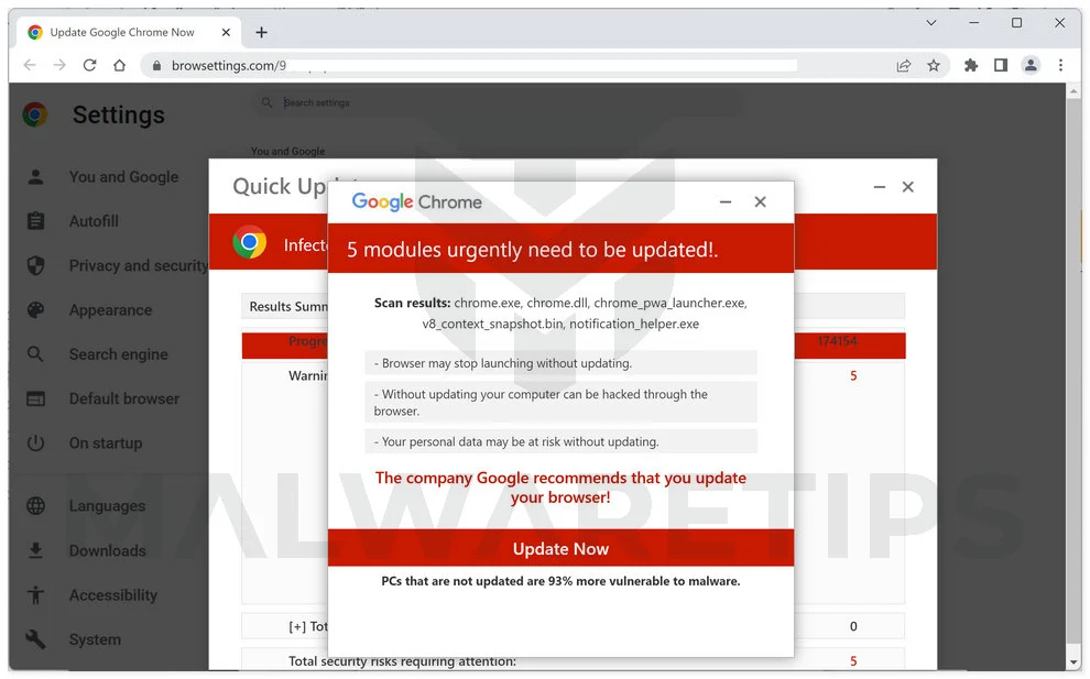Screenshot of Google Chrome: 5 Modules Urgently Need To Be Updated Scam