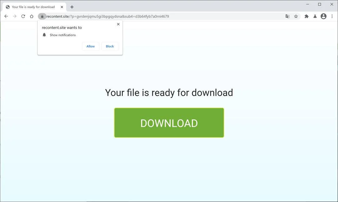 Image: Chrome browser is redirected to Recontent.site