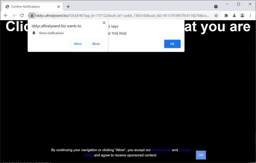 Remove Afinalyearst.biz pop-up ads (Virus Removal Guide) 1 Image: Chrome browser is redirected to Afinalyearst.biz