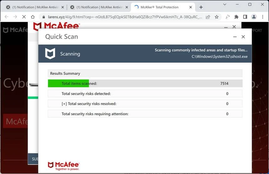 Screenshot of Larens.xyz Fake Antivirus Scan