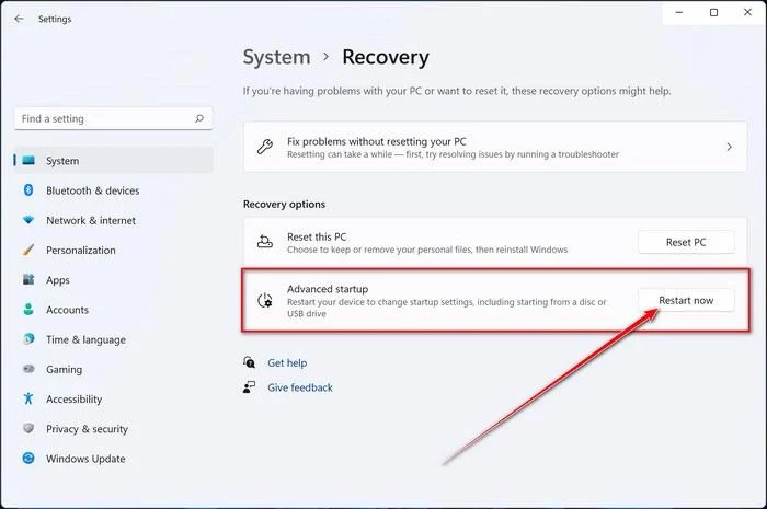 Click in Restart Now to Sart Windows 11 in Safe Mode Recovery window in Windows 10