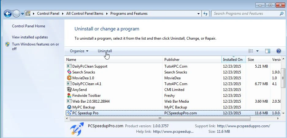 Uninstall PC Speedup Pro from Windows PC Speedup Pro Removal