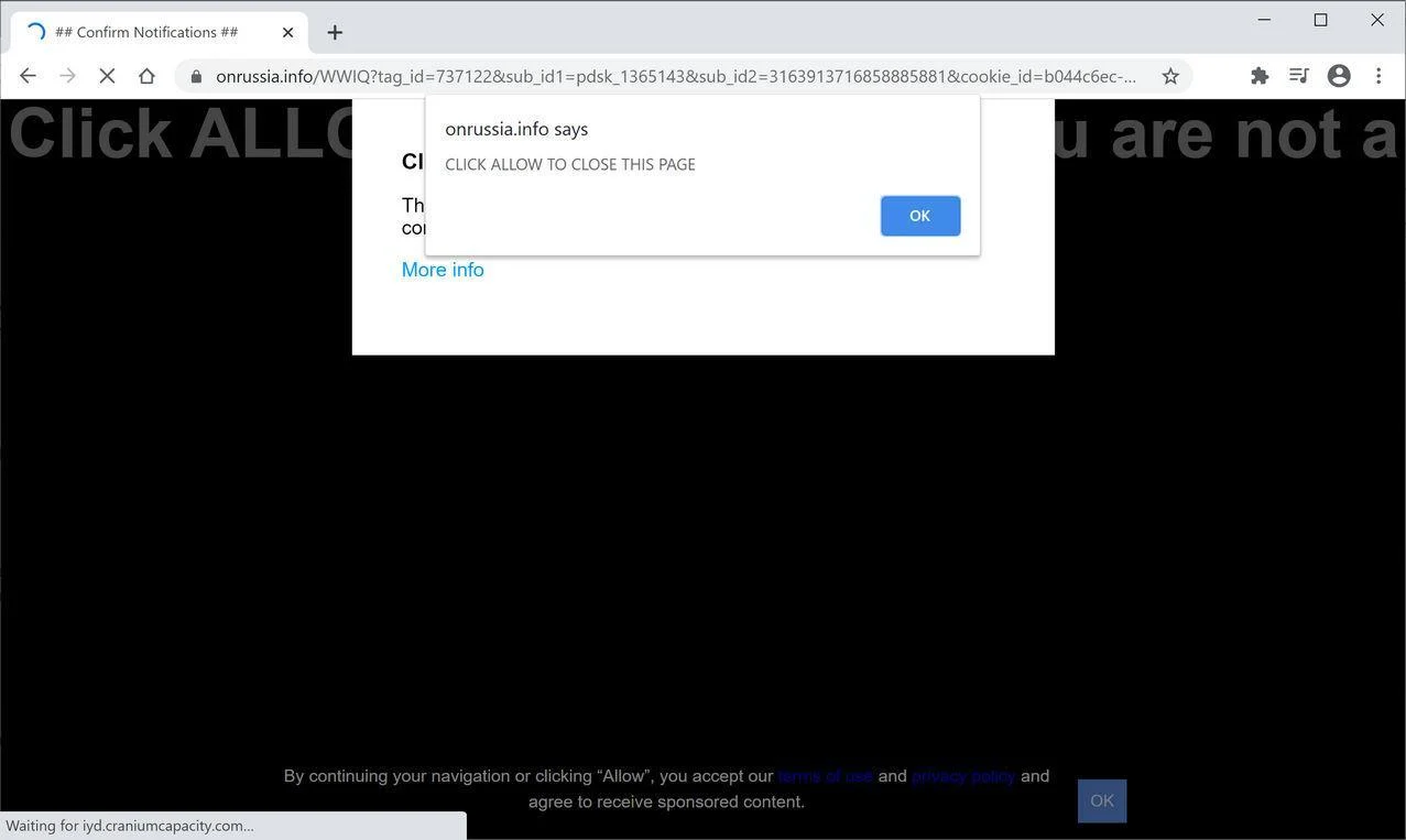 Image: Chrome browser is redirected to Onrussia.info