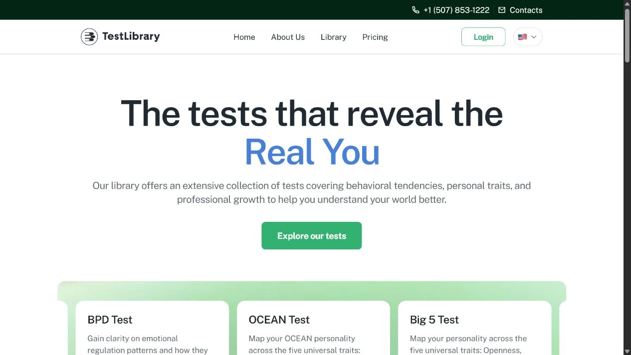 TestLibrary website advertising online personality and career tests