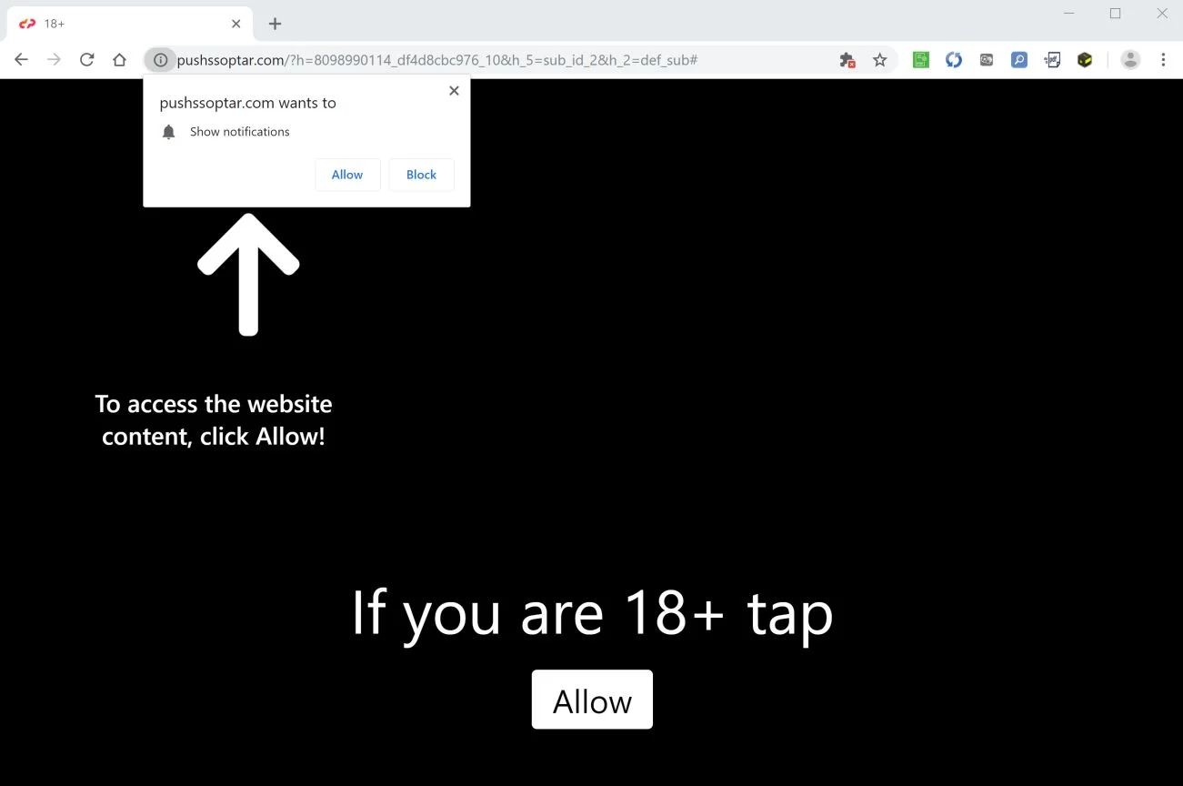 Image: Chrome browser is redirected to Pushssoptar.com