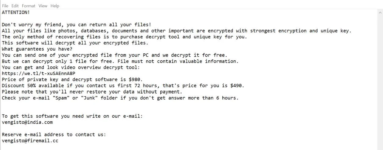 Remove Vengisto@india.com Moresa ransomware (Virus Removal Guide) 1 Image: Vengisto@india.com Moresa ransomware virus