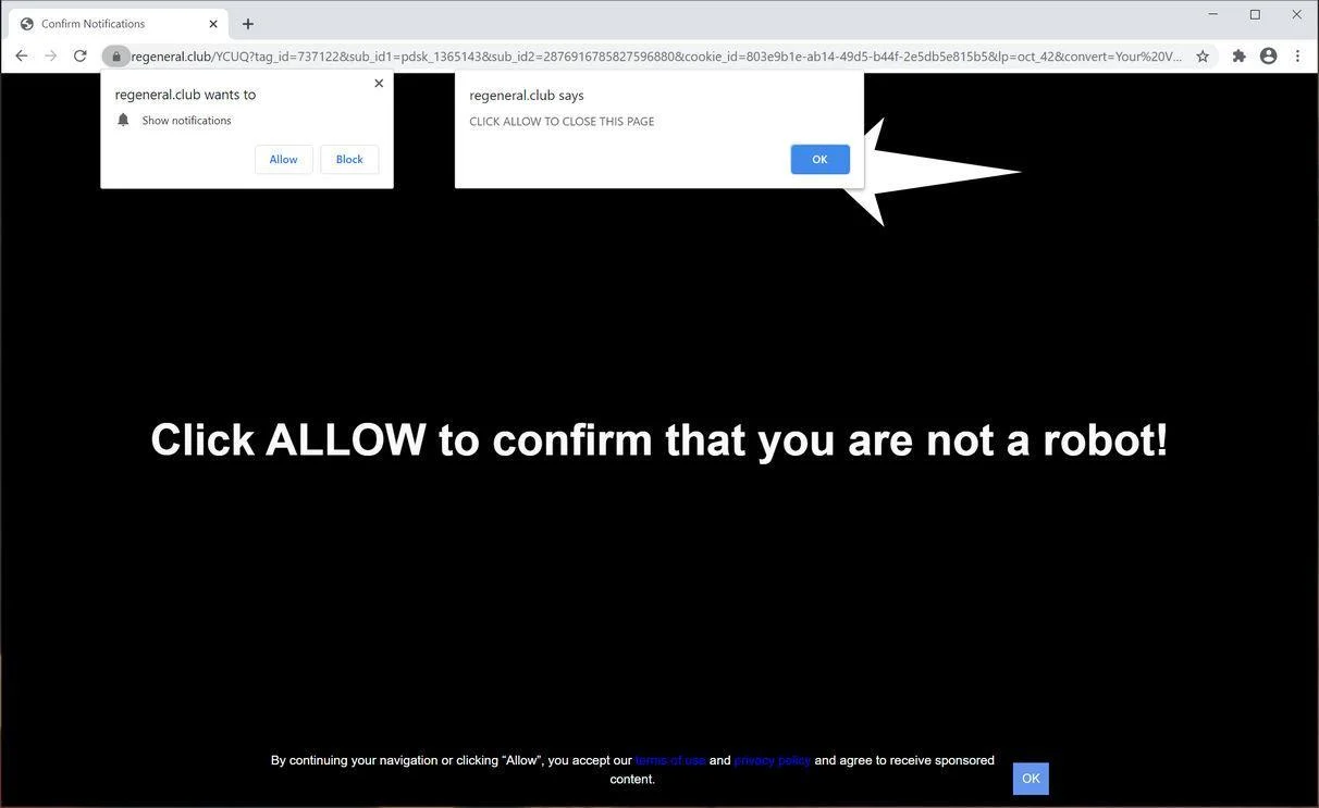Image: Chrome browser is redirected to Regeneral.club
