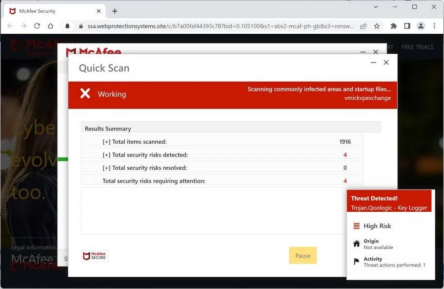 Image: Webprotectionsystems.site Fake McAfee Virus Alert