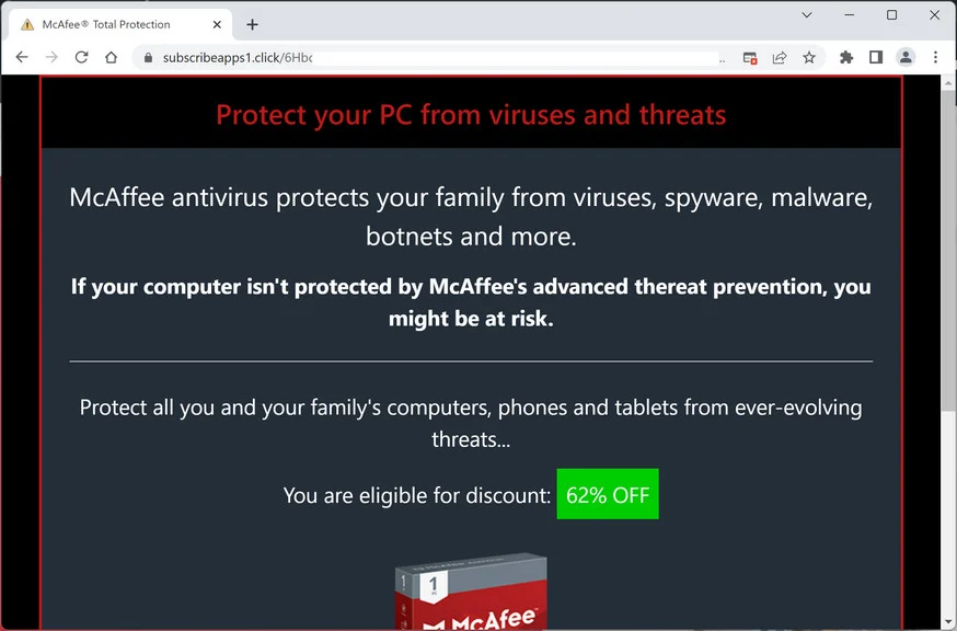 Image: Subscribeapps1.click Fake McAfee Virus Alert