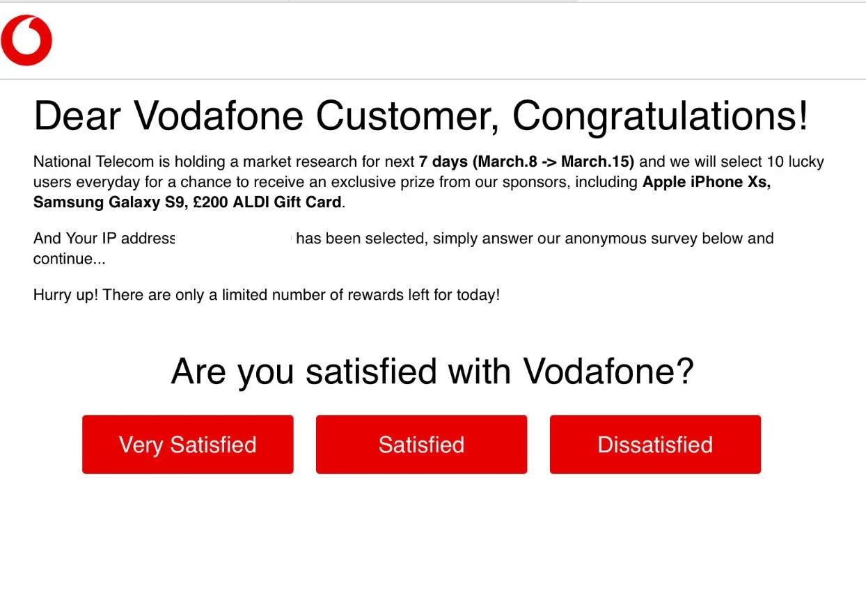 Image: Malicious site showing a fake Vodafone Survey scam