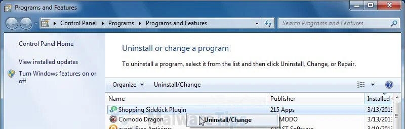 [Image: Uninstall Shopping Sidekick program]