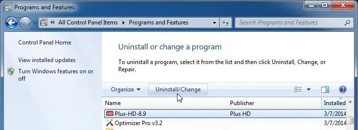 [Image: Uninstall Plus-HD 8.9 malicious program from Windows]