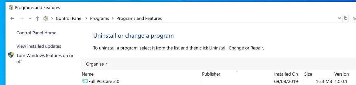 Uninstall Full PC Care 2.0 Virus
