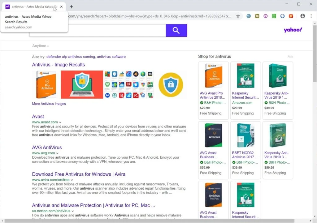 Image: Chrome browser is redirected to Aztec Media Yahoo Search
