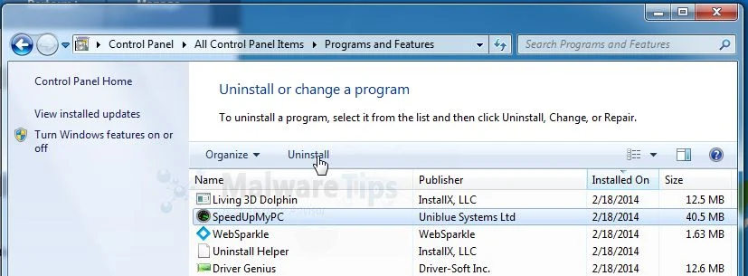 [Image: Uninstall Uniblue SpeedUpMyPC 2013 program from Windows]