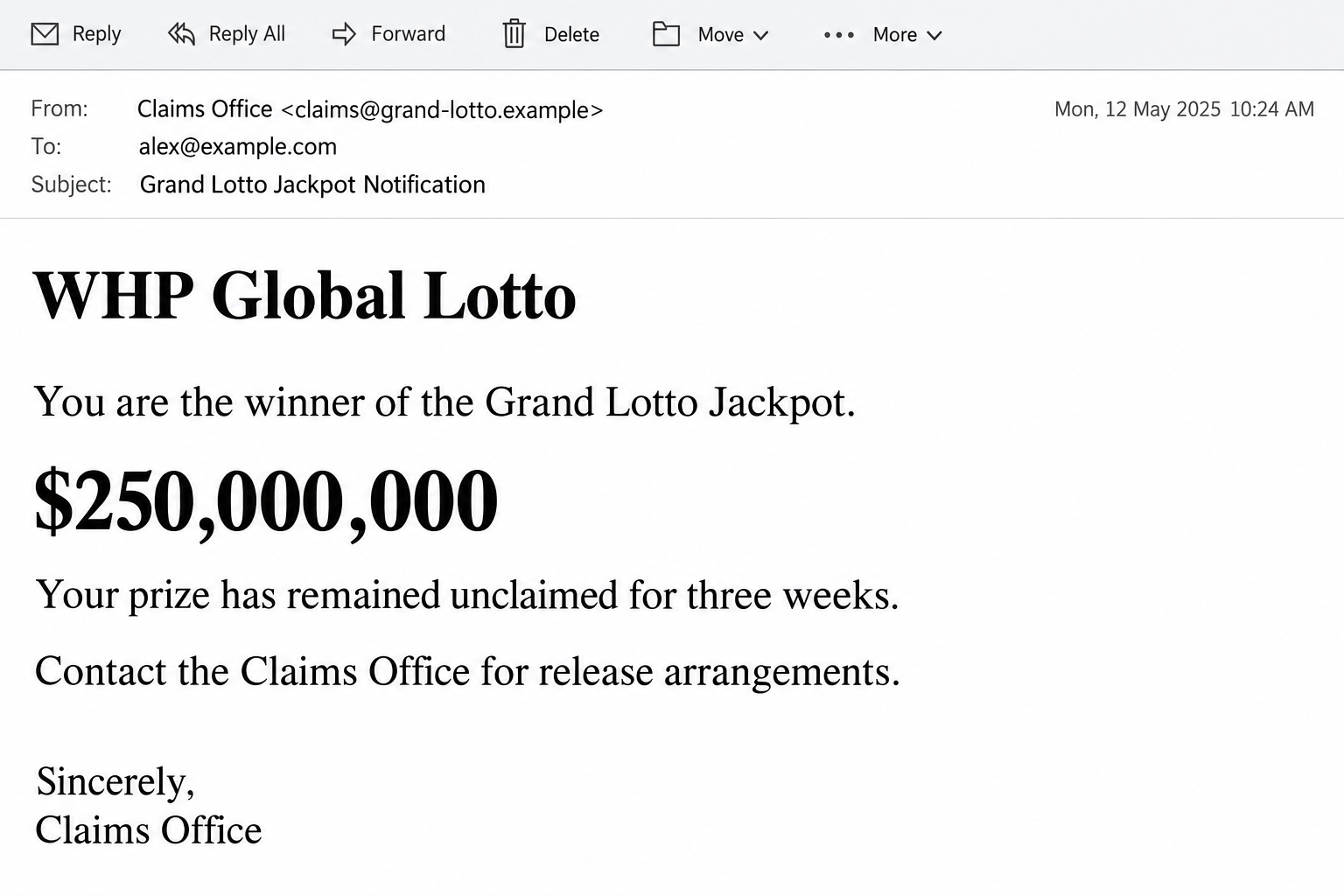 Illustrative WHP Global Lotto email announcing a supposed $250,000,000 Grand Lotto Jackpot