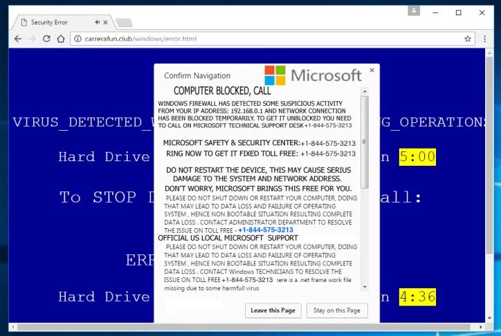 Image: Error Virus – Trojan Backdoor Hijack - Microsoft scam Pop-up Scam