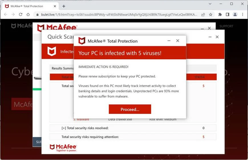 Image: Bulet.live Fake McAfee Virus Alert