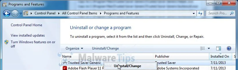 [Image: Uninstall Trusted Saver program from Windows]