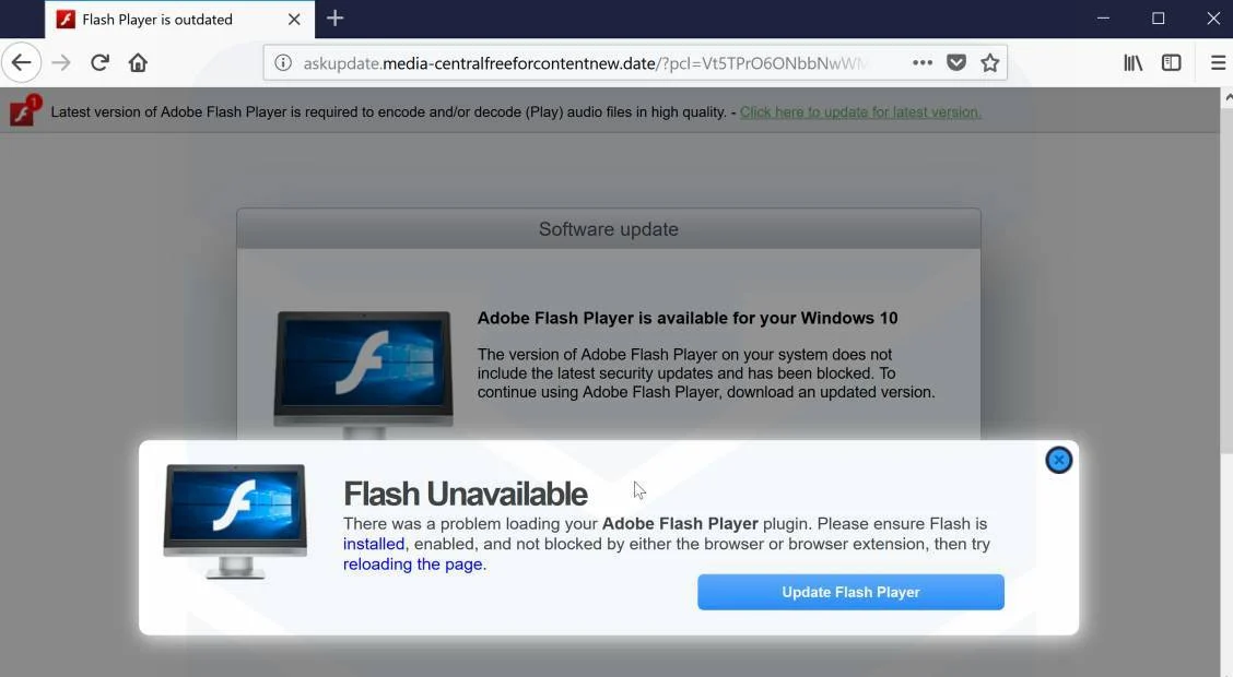 Flash Unavailable Scam Adware