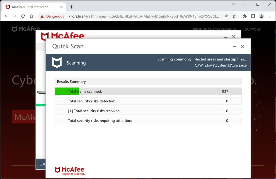 Image: Kilors.live Fake McAfee Virus Alert