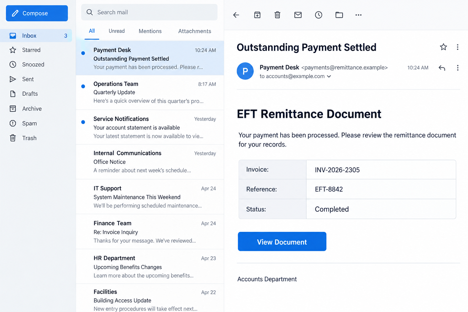 Illustrative EFT remittance email with fictional sender details and a View Document button