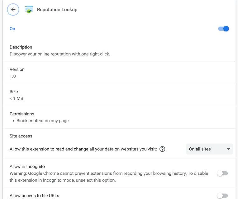 Image: Reputation Lookup Chrome extension