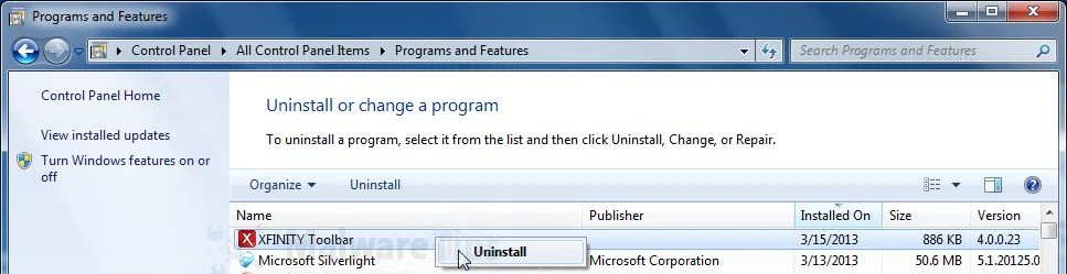 [Image: Uninstall XFinity program]