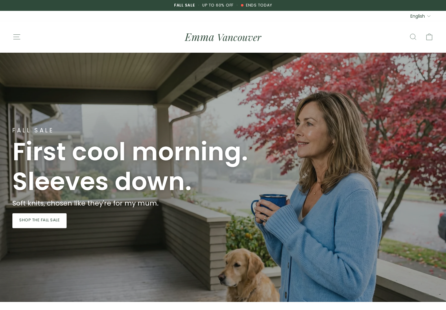 EmmaVancouver Review: Free Exchange Promises and Costly Returns Explained 1 EmmaVancouver homepage displaying its fall sale, family-oriented knitwear presentation, and Vancouver brand name