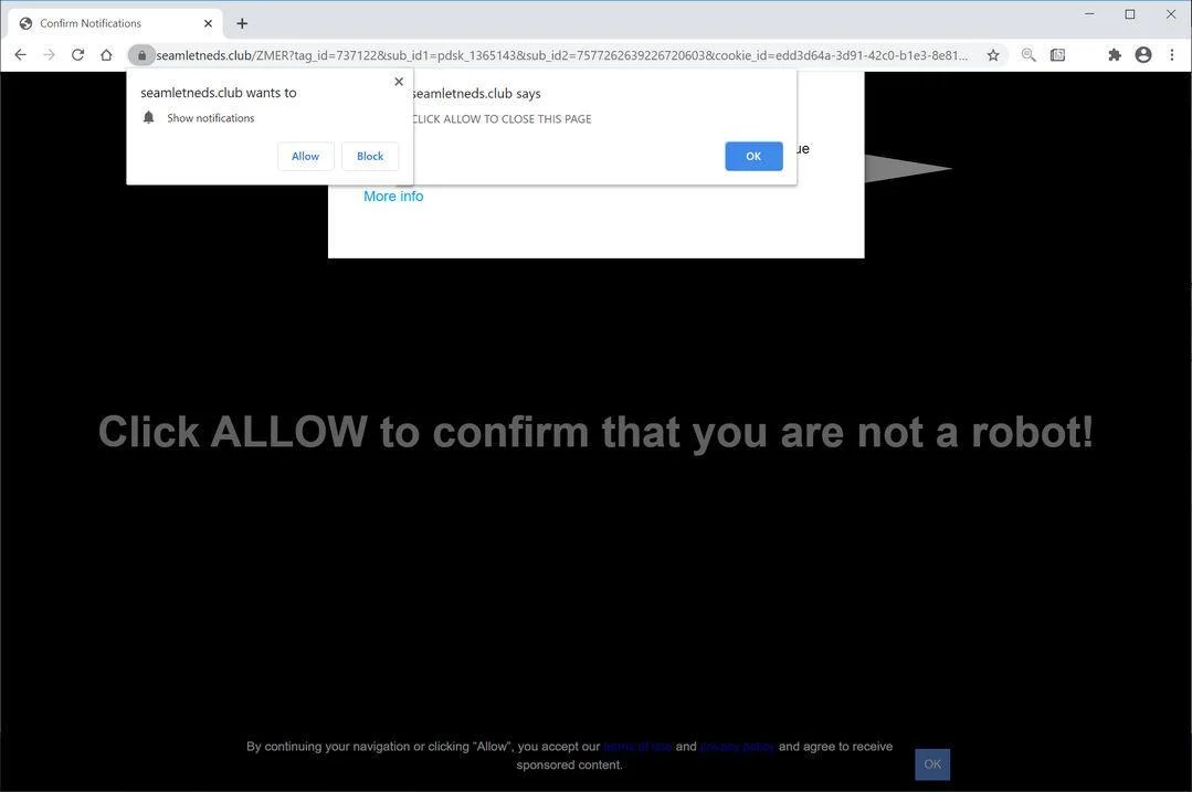 Remove Seamletneds.club pop-up ads (Virus Removal Guide) 1 Image: Chrome browser is redirected to Seamletneds.club