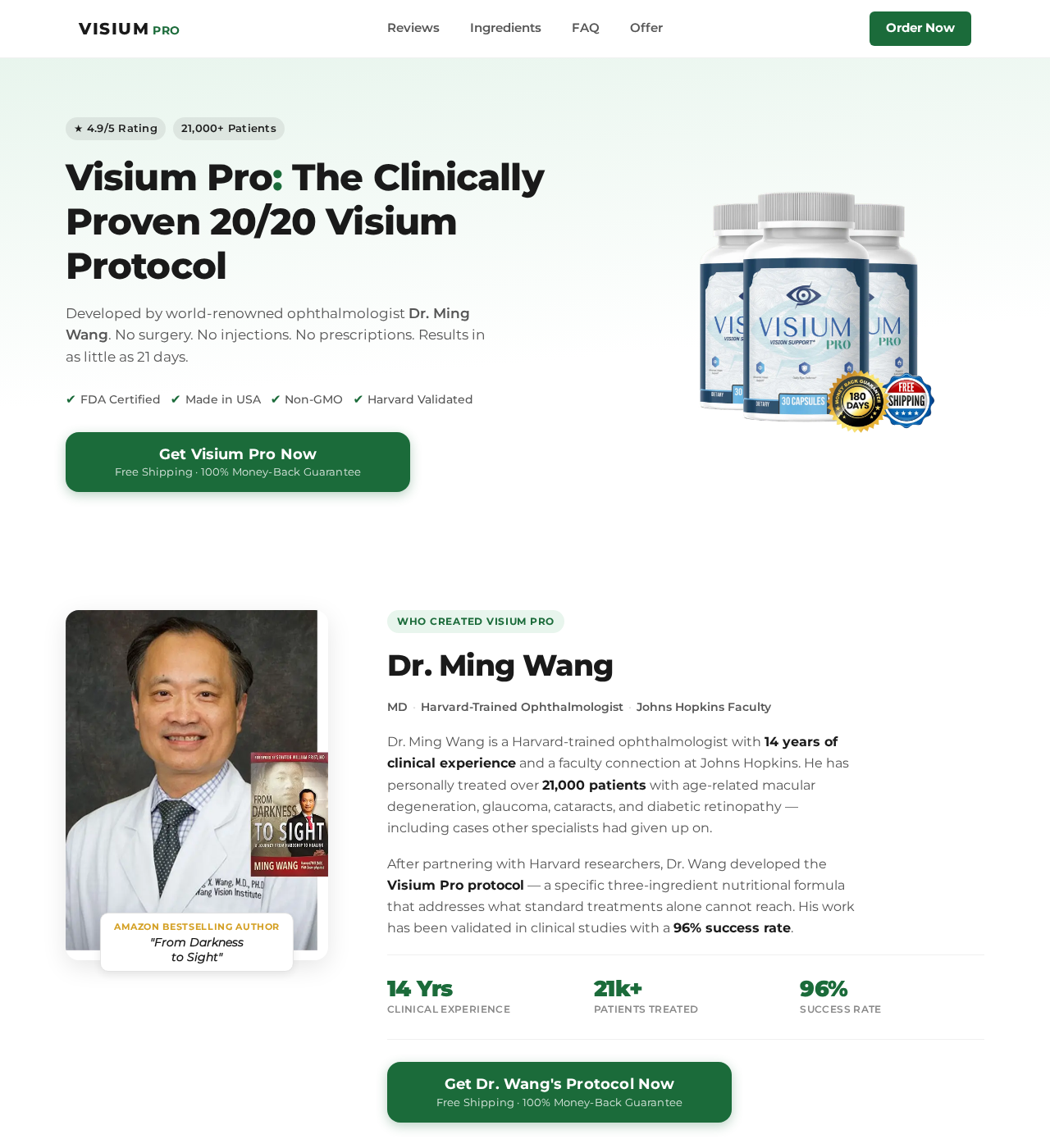 Visium Pro promotional page attributing a 20/20 vision protocol to Dr Ming Wang
