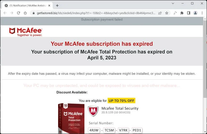 Screenshot of Getfastoredi.biz Fake Antivirus Scan