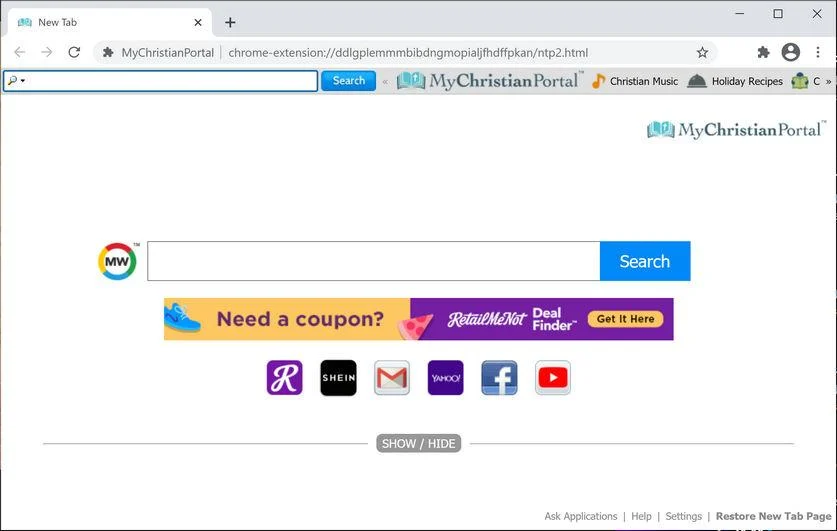 How to remove MyChristianPortal redirect (Uninstall Guide) 1 Image: Chrome browser is redirected to MyChristianPortal