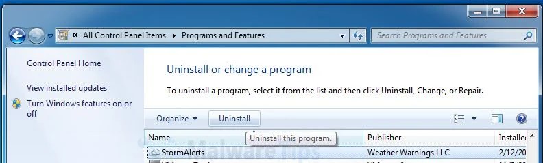 Uninstall Storm Alerts