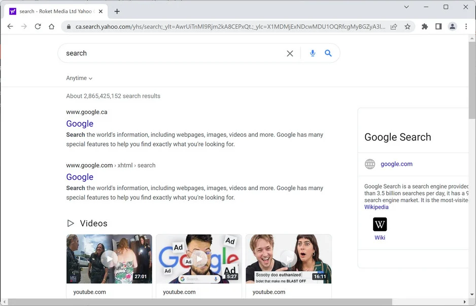 Image: Chrome browser is redirected to CA.Search.Yahoo.com