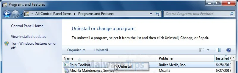 [Image: Uninstall Rally Toolbar from Windows]