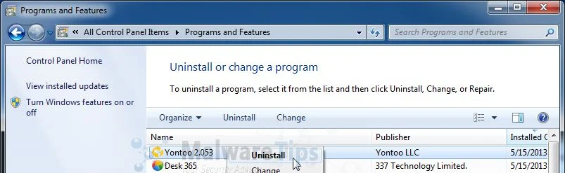 [Image: Uninstall Yontoo Desktop program]