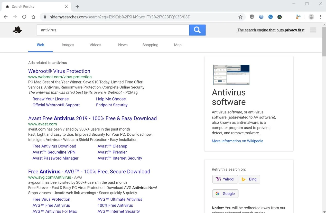 Image: Google Chrome is redirected to Hide My Searches Search