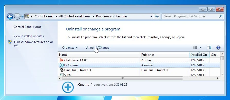 Remove I-Cinema from Windows