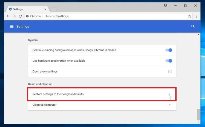 Scroll down and click on the Reset button Google Chrome Reset button
