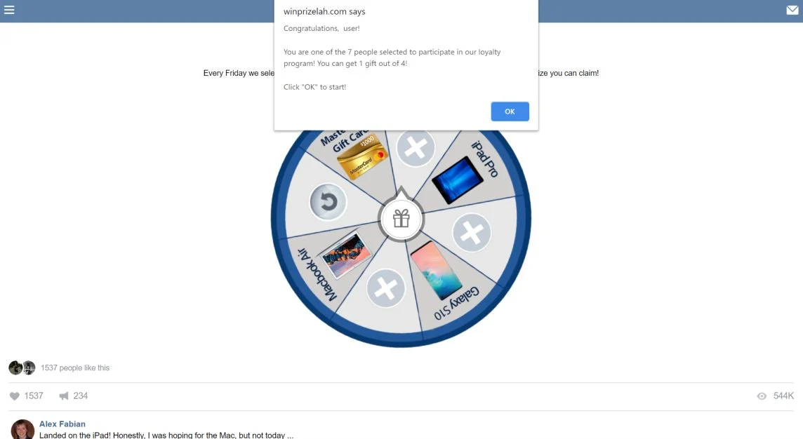Image: Chrome browser is redirected to Winprizelah.com
