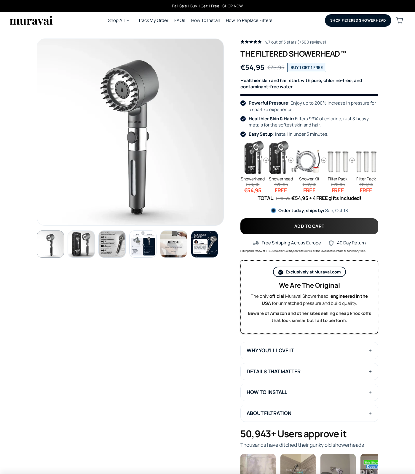 Muravai Shower Head EXPOSED - Scam or Legit? Full Buyer Investigation Now 1 Muravai shower head European offer showing bundle contents, euro pricing and recurring filter terms