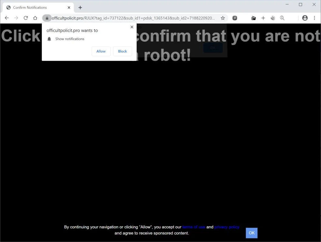 Remove Officultpolicit.pro pop-up ads (Virus Removal Guide) 1 Image: Chrome browser is redirected to Officultpolicit.pro