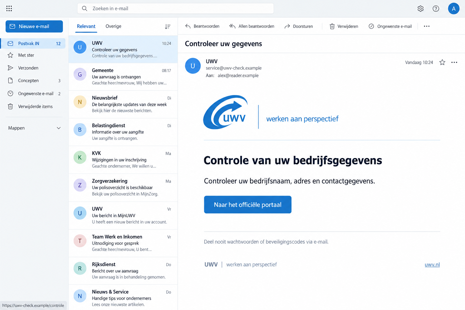 UWV Email Scam: Bogus Business Detail Checks Hide Behind Safety Advice 1 Illustrative UWV impersonation email requesting a business details check through a fictional portal