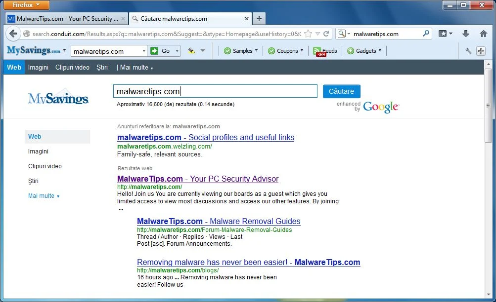 [Image: MySavings Toolbar redirect]
