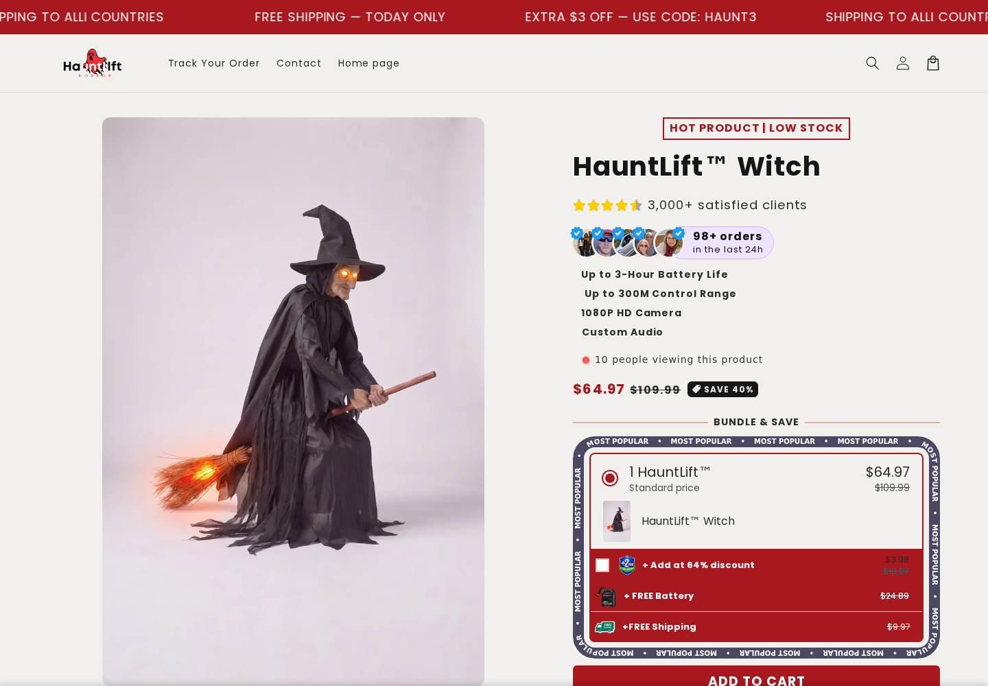 Hauntlift Witch product offer showing a $64.97 price, a flying-character image, and claims of three-hour battery life and 300-meter control range