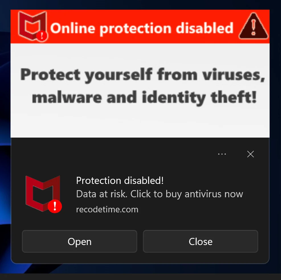 Image: McAfee Online Protection Disabled Fake Alerts