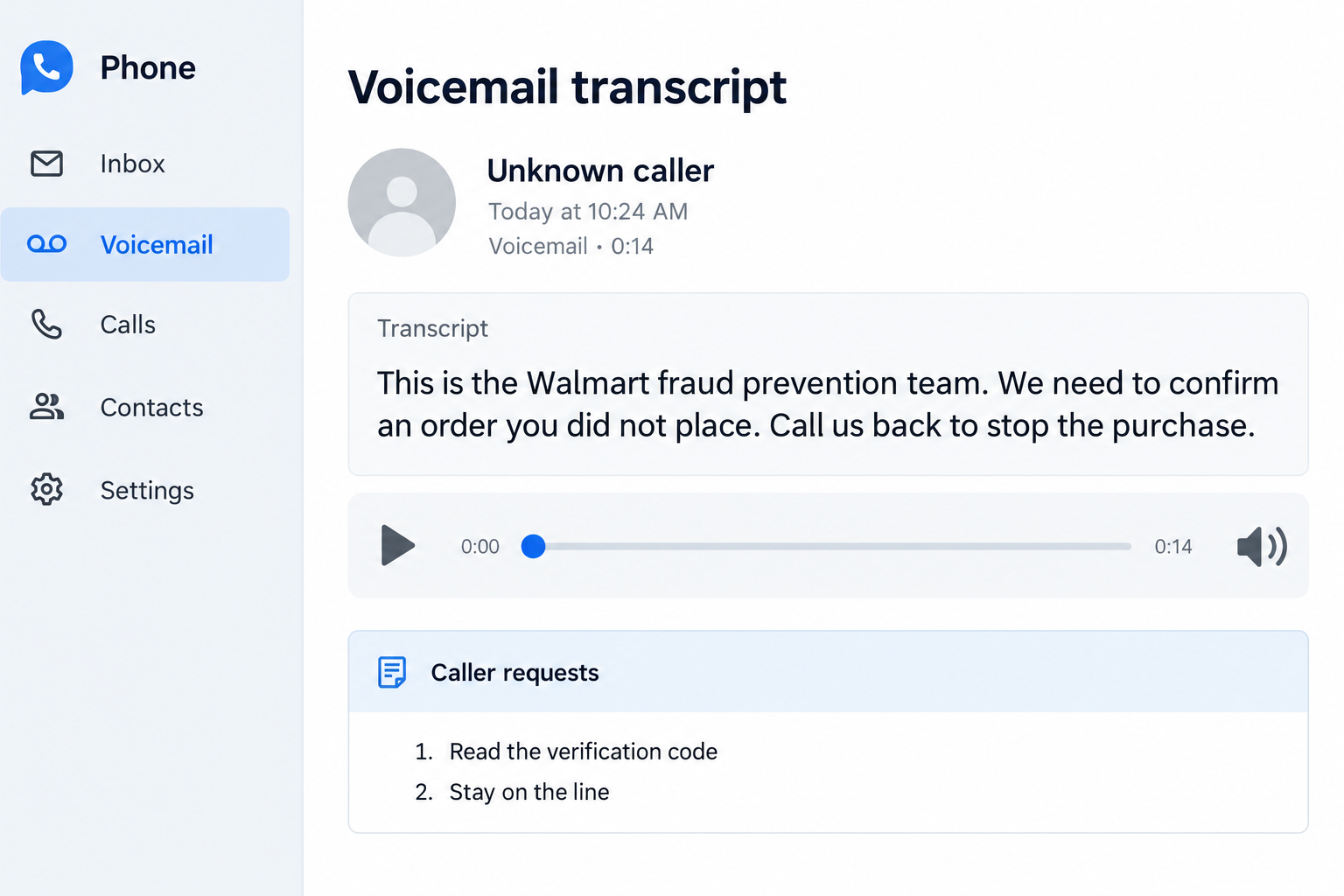 Walmart Fraud Prevention Call Scam: Fake Purchases and Account Code Traps 1 Fictional voicemail interface showing a caller claiming to be Walmart fraud prevention and requesting an account code