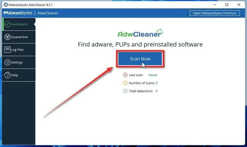 Click on Scan to start a AdwCleaner scan
